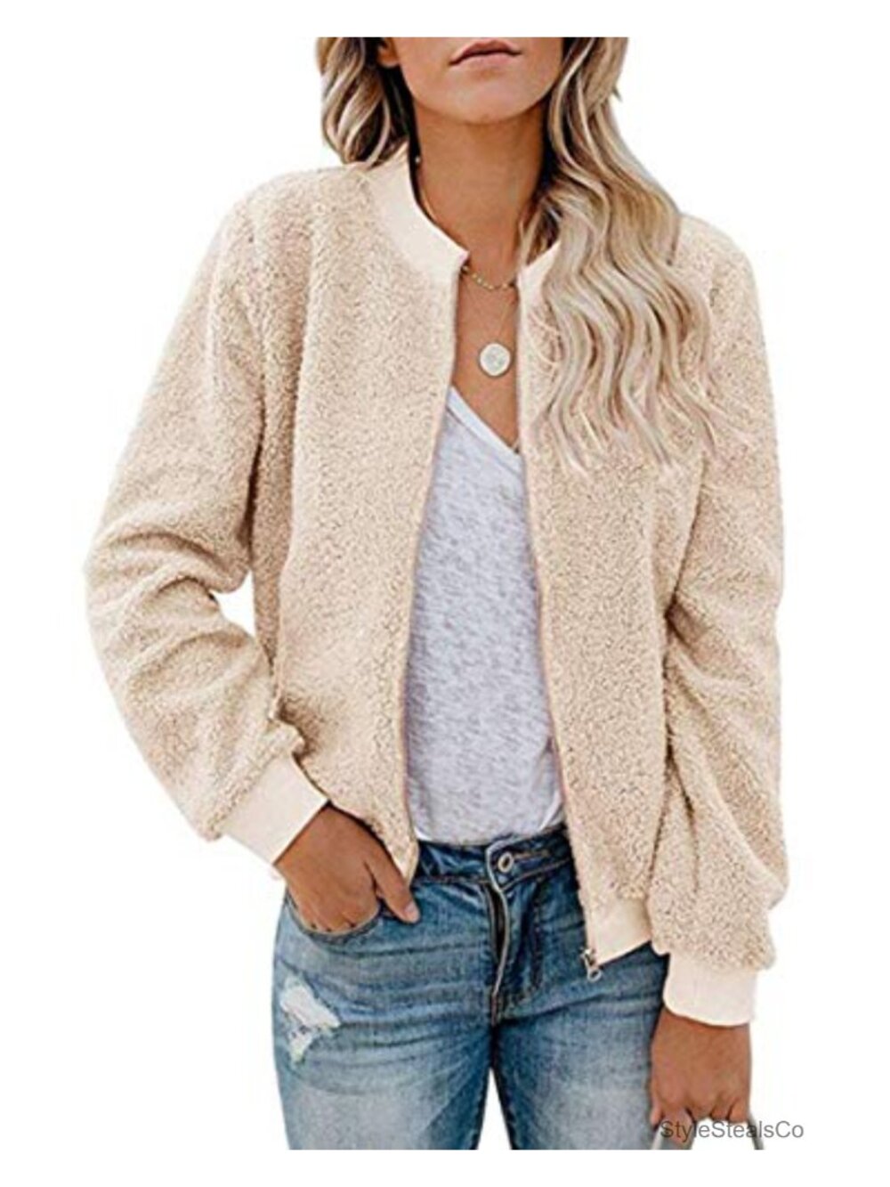 Women's Fleece Bomber Jacket Zip Up Furry Winter Coat Fuzzy Casual Long Sleeve